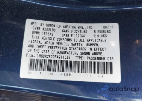 2015 Honda Accord Lx from USA, damaged, VIN 1HGCR2F33FA211035